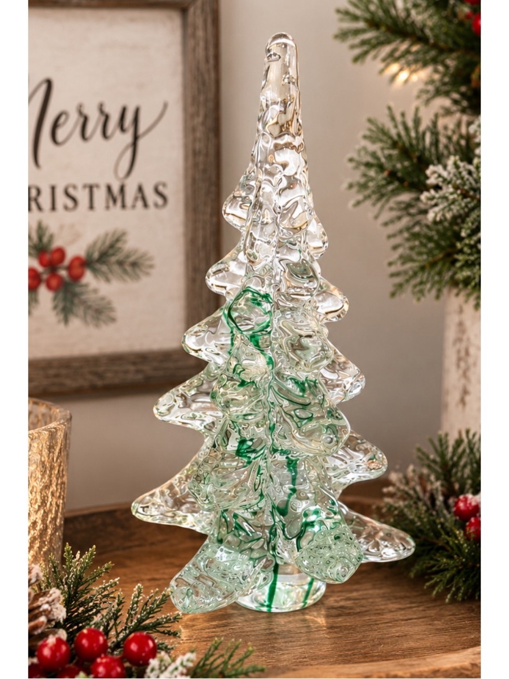 VINTAGE HAND MADE CLEAR CRYSTAL WITH GREEN RIBBON 6.25" CHRISTMAS TREE ART GLASS